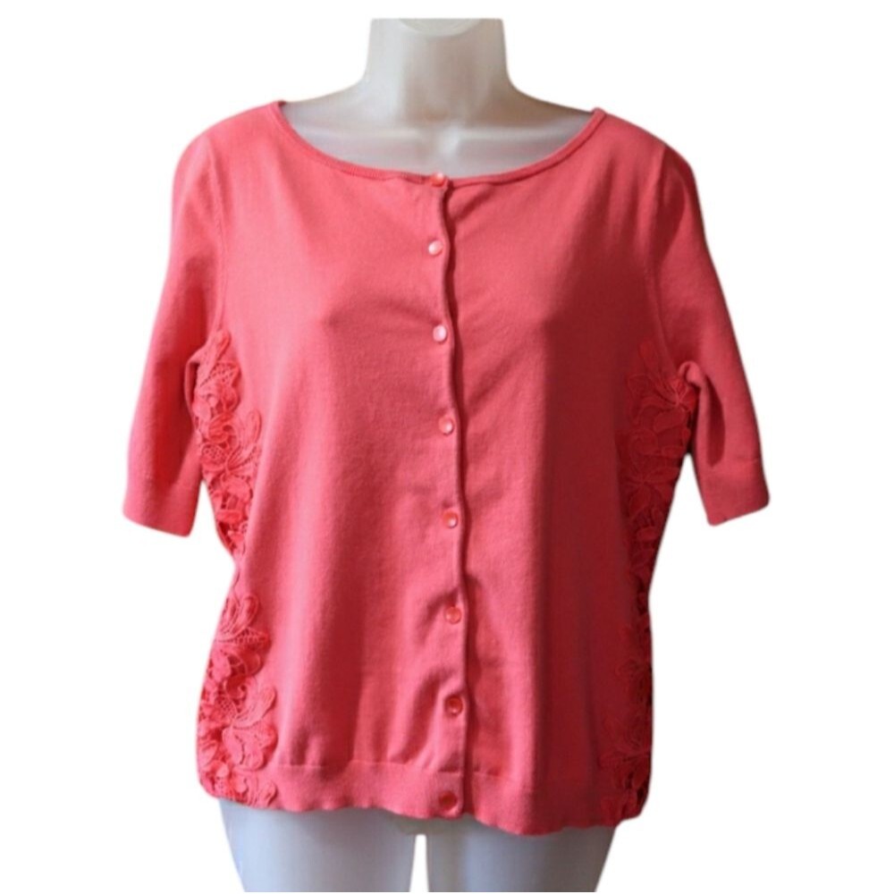 Talbots Coral Pink Floral Applique Cardigan Sweater Y2K Layering Large